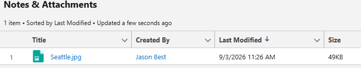 Salesforce Notes and Attachments related list showing Seattle.jpg saved at 49 KB.