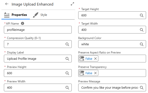 Flow Builder Properties panel for Image Upload Enhanced: API name, compression, dimensions, preview message, and transparency settings.