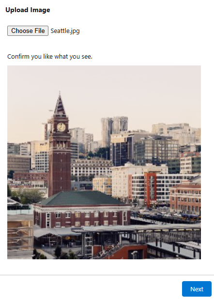 Image Upload Enhanced screen: Seattle.jpg selected with confirm message and processed preview before Next.
