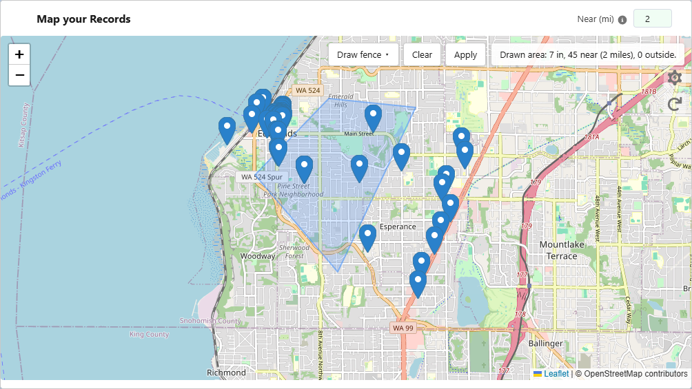 Draw fence on the map with in, near, and outside counts.