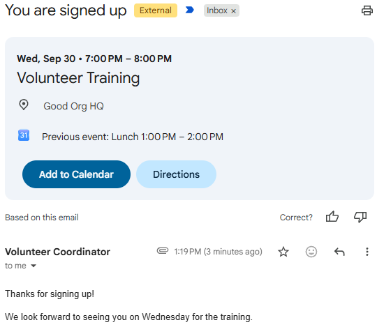 Signup confirmation in the inbox: You are signed up for Volunteer Training at Good Org HQ, with Add to Calendar and Directions.