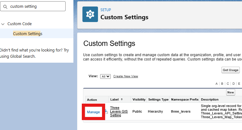 Custom Settings: Manage link for Three Levers GIS Setting