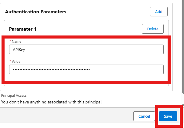 Named Principal: APIKey parameter saved (value redacted)