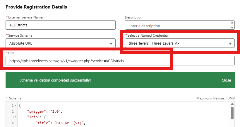 External Service registration: Named Credential and Swagger URL