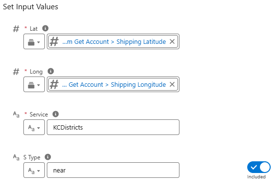Flow Action: lat, long, service, and sType inputs