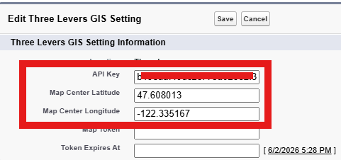 Edit Three Levers GIS Setting: API Key and optional map center (value redacted)