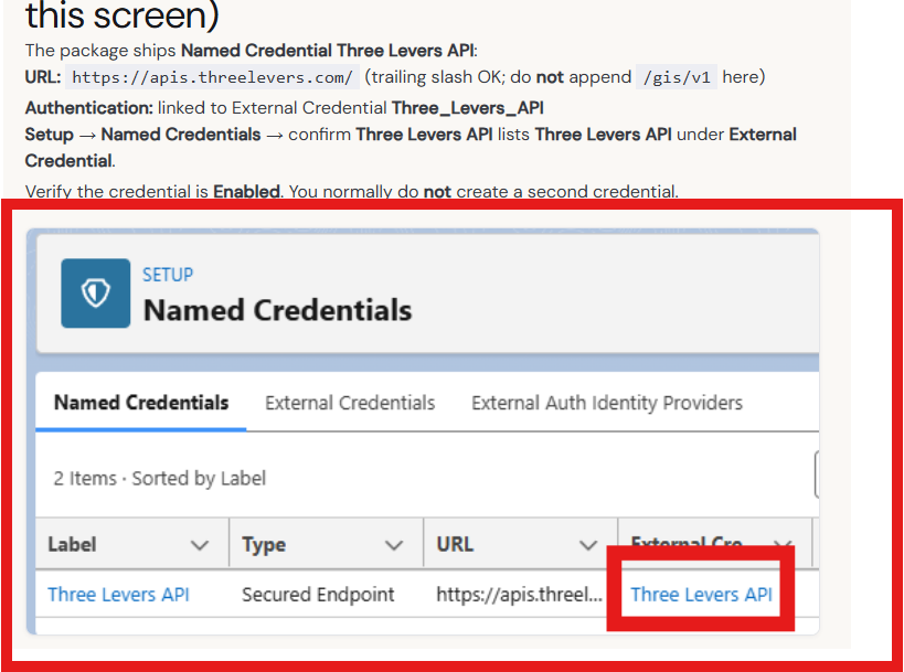 Named Credentials: open External Credential from Three Levers API row