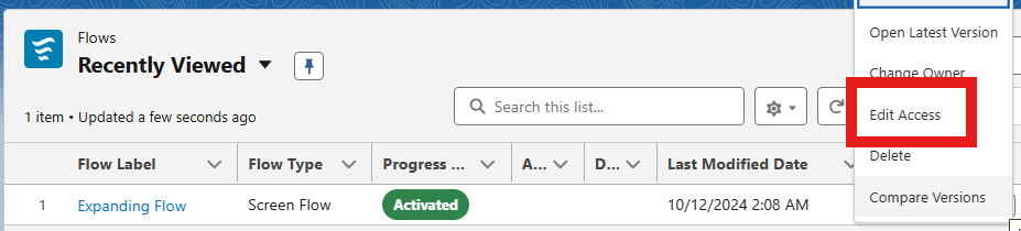 Flows list: Edit Access for the target flow