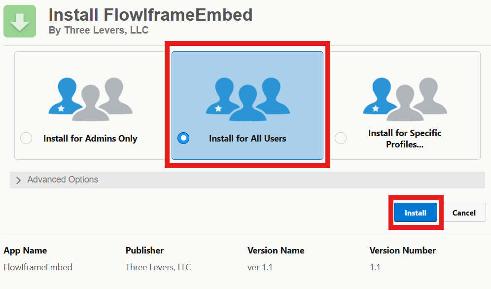 Install FlowIframeEmbed: Install for All Users and Install