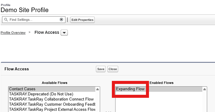 Profile Flow Access: flow in Enabled Flows