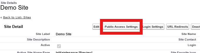 Site detail: Public Access Settings