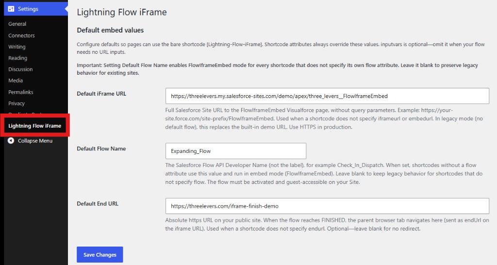 WordPress Settings → Lightning Flow iFrame: default iFrame URL, flow name, and end URL
