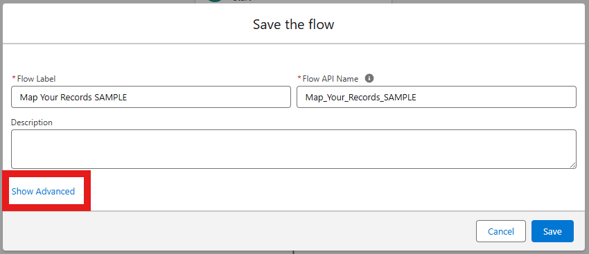 Save the flow: Show Advanced link