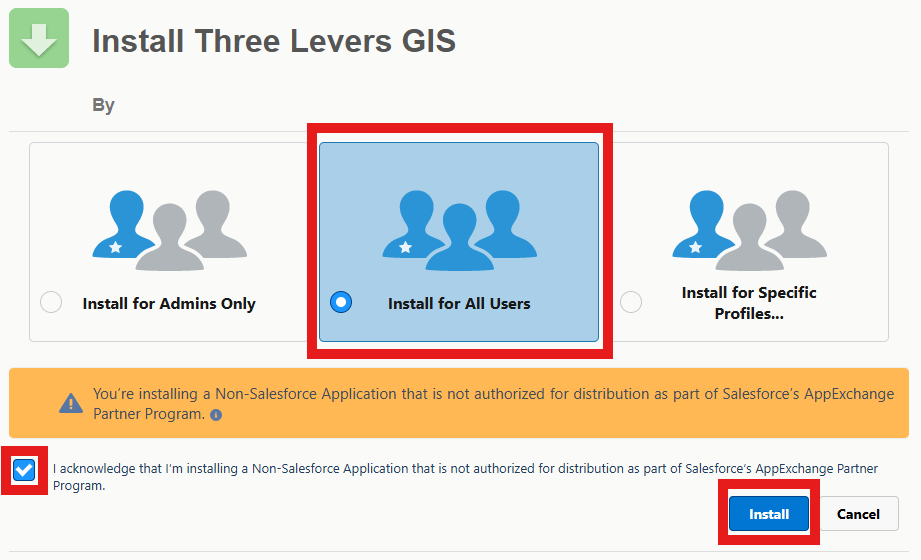 Install Three Levers GIS: Install for All Users, acknowledge checkbox, and Install