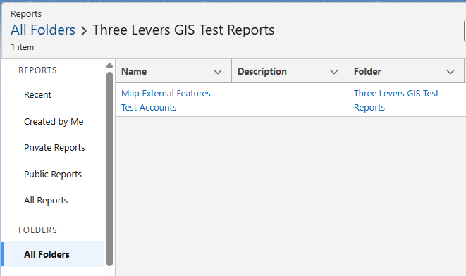Reports folder Three Levers GIS Test Reports with Map External Features Test Accounts